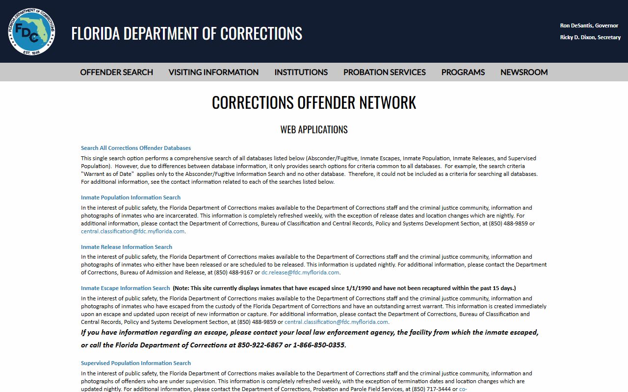 Florida Department of Corrections offender search menu for the Taylor County state prison population