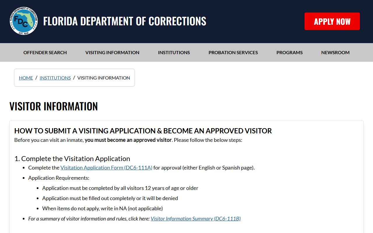 Florida Department of Corrections visiting information used for Taylor Correctional Institution