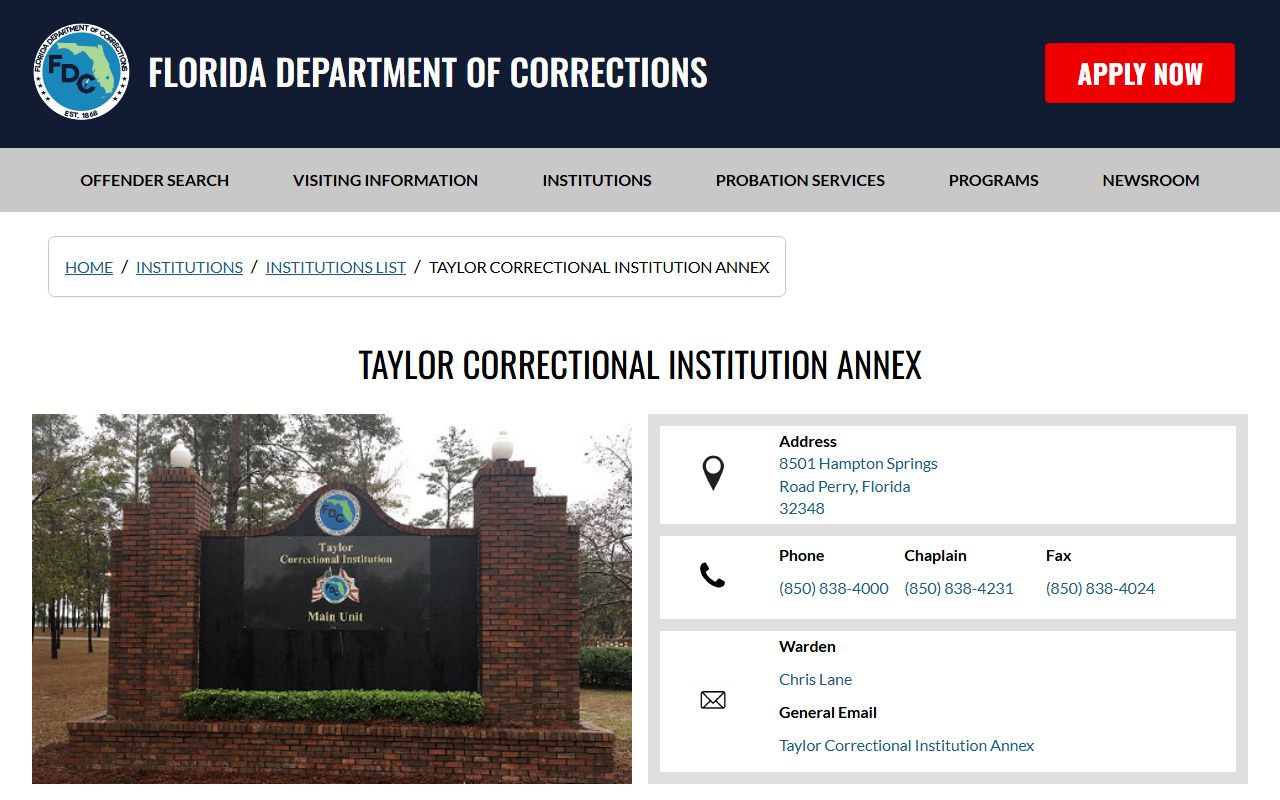 Florida Department of Corrections page for Taylor Correctional Institution Annex inmate lookup