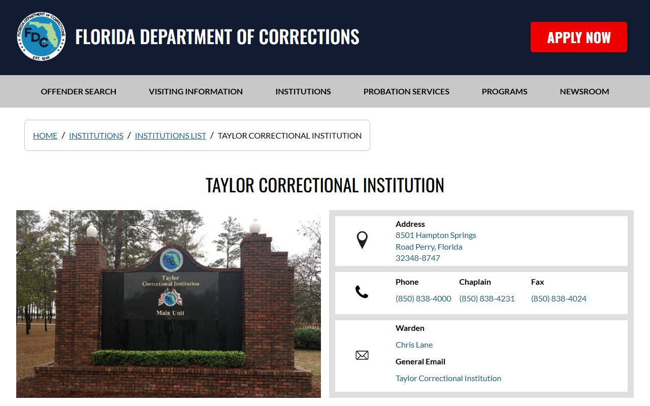 Florida Department of Corrections page for Taylor Correctional Institution inmate search