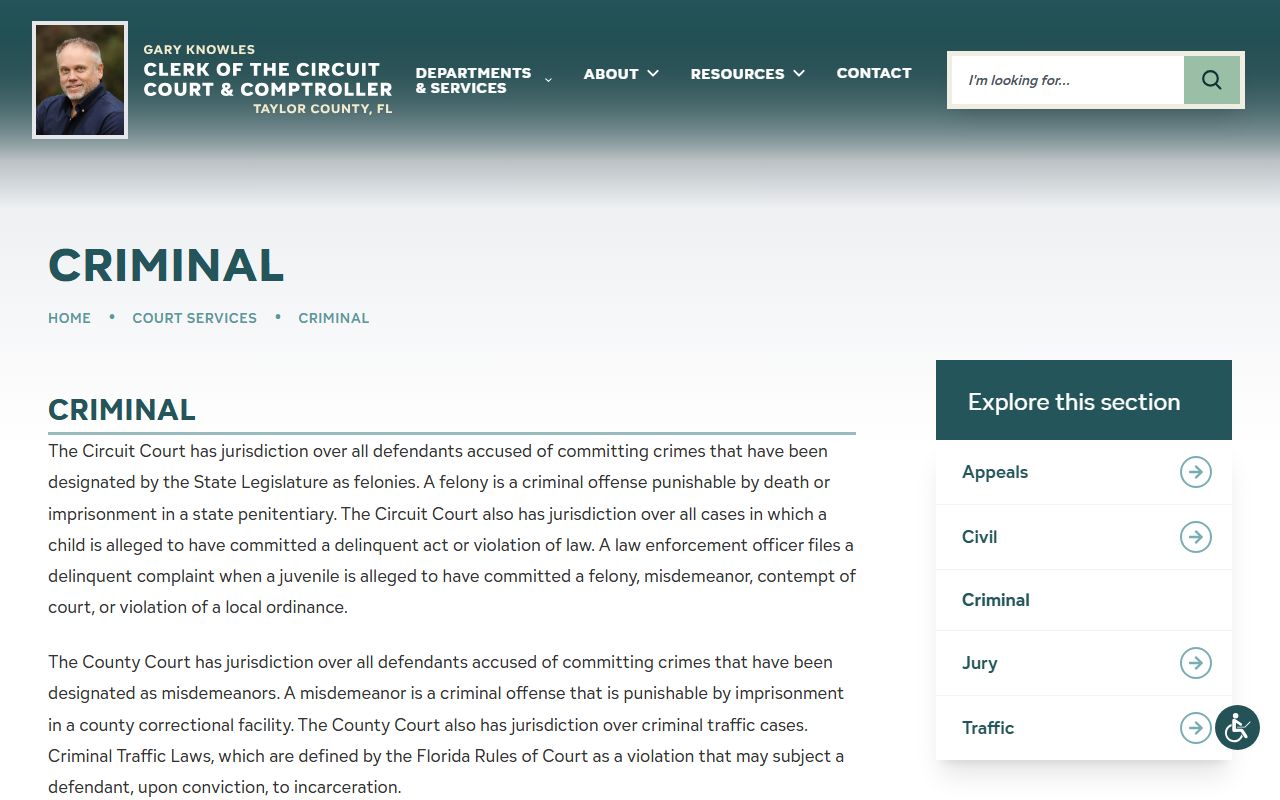 Taylor County Clerk criminal court page for court records after a jail arrest