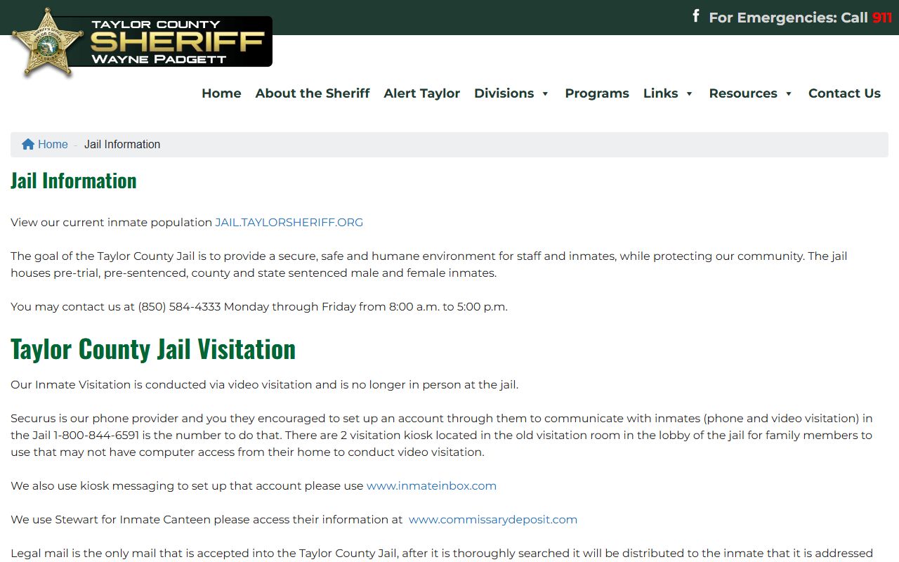 Taylor County Jail information page with inmate lookup and visitation details