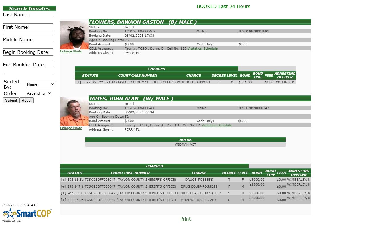 Taylor County Jail roster search form and recent booking results for the inmate population