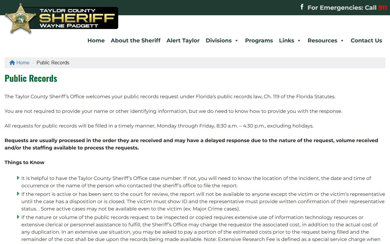 Taylor County Sheriff public-records request page for booking photos and arrest records